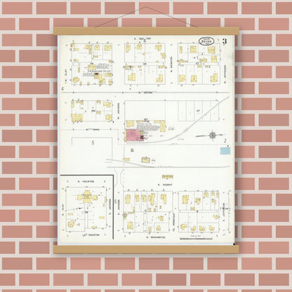 Old map wall art mockup — magnetic wood frame on brick wall — Sanborn Fire Insurance Map from Bryan, Brazos County, Texas (1912), Sheet #0003