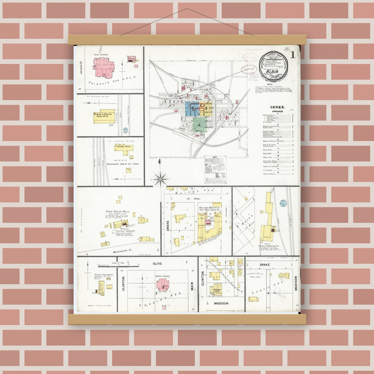 Old map wall art mockup — magnetic wood frame on brick wall — Sanborn Fire Insurance Map from Albia, Monroe County, Iowa (1899), Sheet #0001