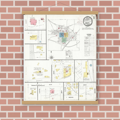Old map wall art mockup — magnetic wood frame on brick wall — Sanborn Fire Insurance Map from Albia, Monroe County, Iowa (1899), Sheet #0001