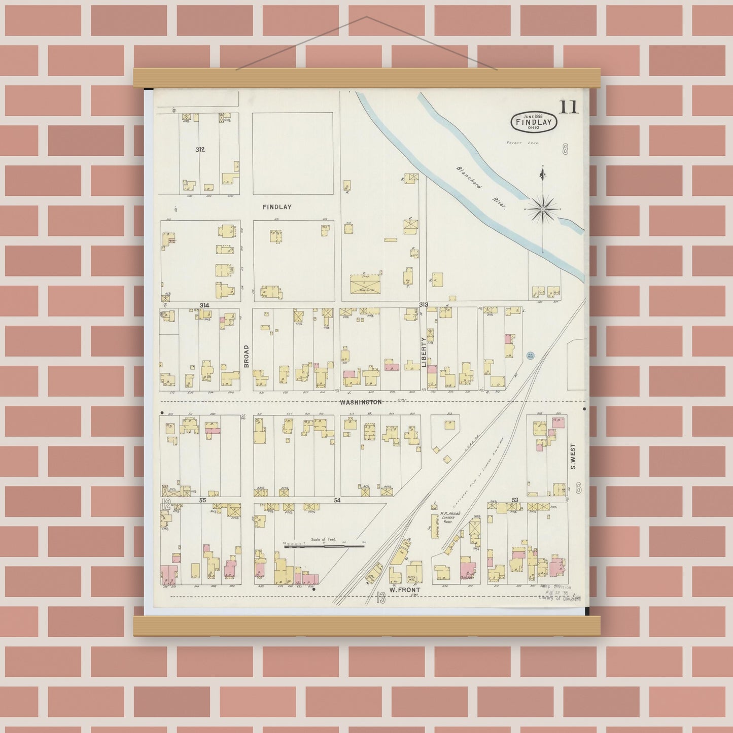 Old map wall art mockup — magnetic wood frame on brick wall — Sanborn Fire Insurance Map from Findlay, Hancock County, Ohio (1895), Sheet #0011