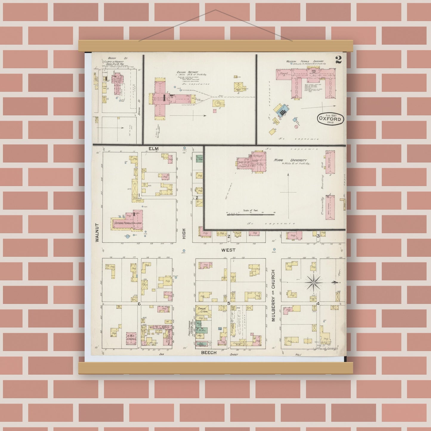Old map wall art mockup — magnetic wood frame on brick wall — Sanborn Fire Insurance Map from Oxford, Butler County, Ohio (1887), Sheet #0002