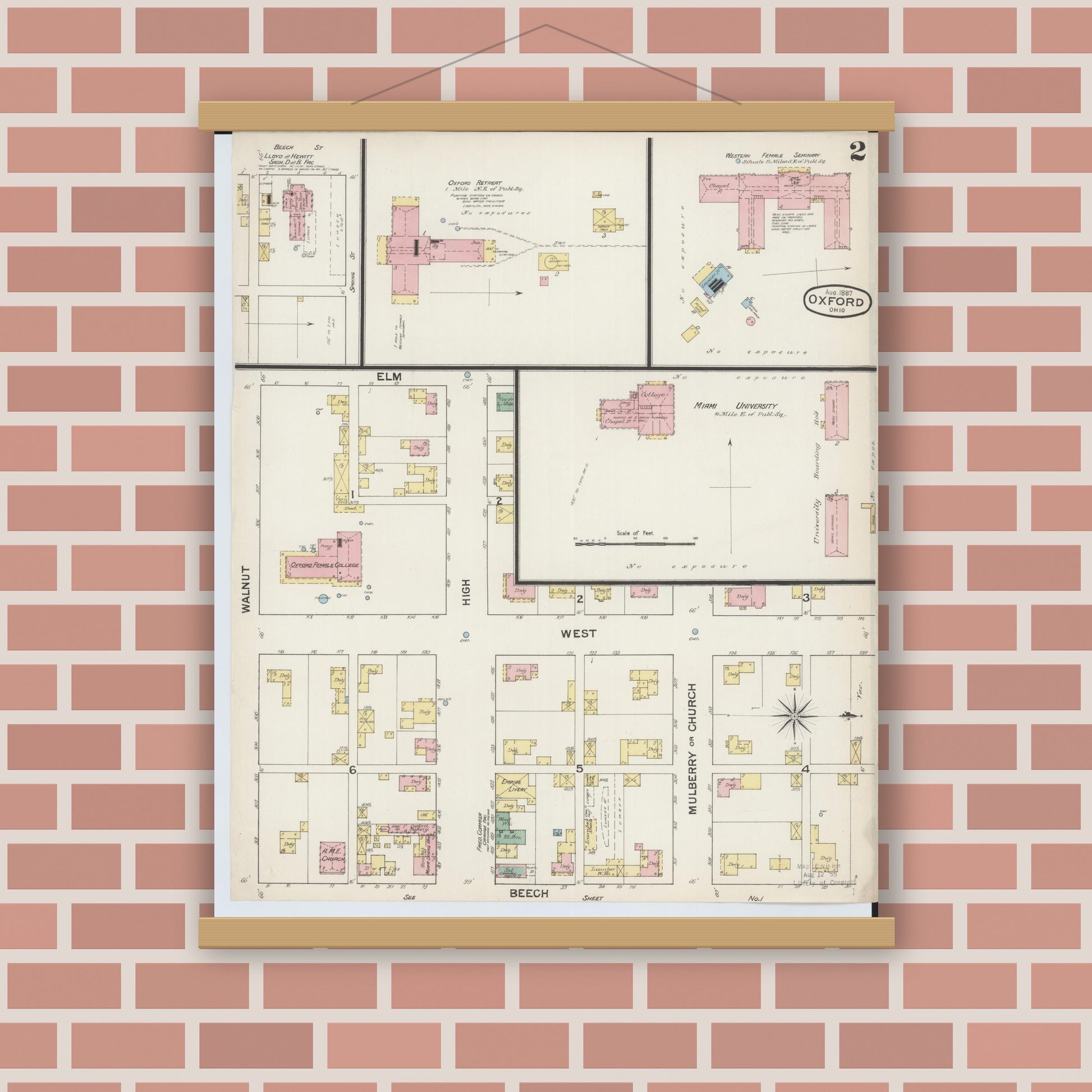 Old map wall art mockup — magnetic wood frame on brick wall — Sanborn Fire Insurance Map from Oxford, Butler County, Ohio (1887), Sheet #0002