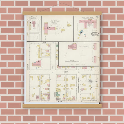 Old map wall art mockup — magnetic wood frame on brick wall — Sanborn Fire Insurance Map from Oxford, Butler County, Ohio (1887), Sheet #0002