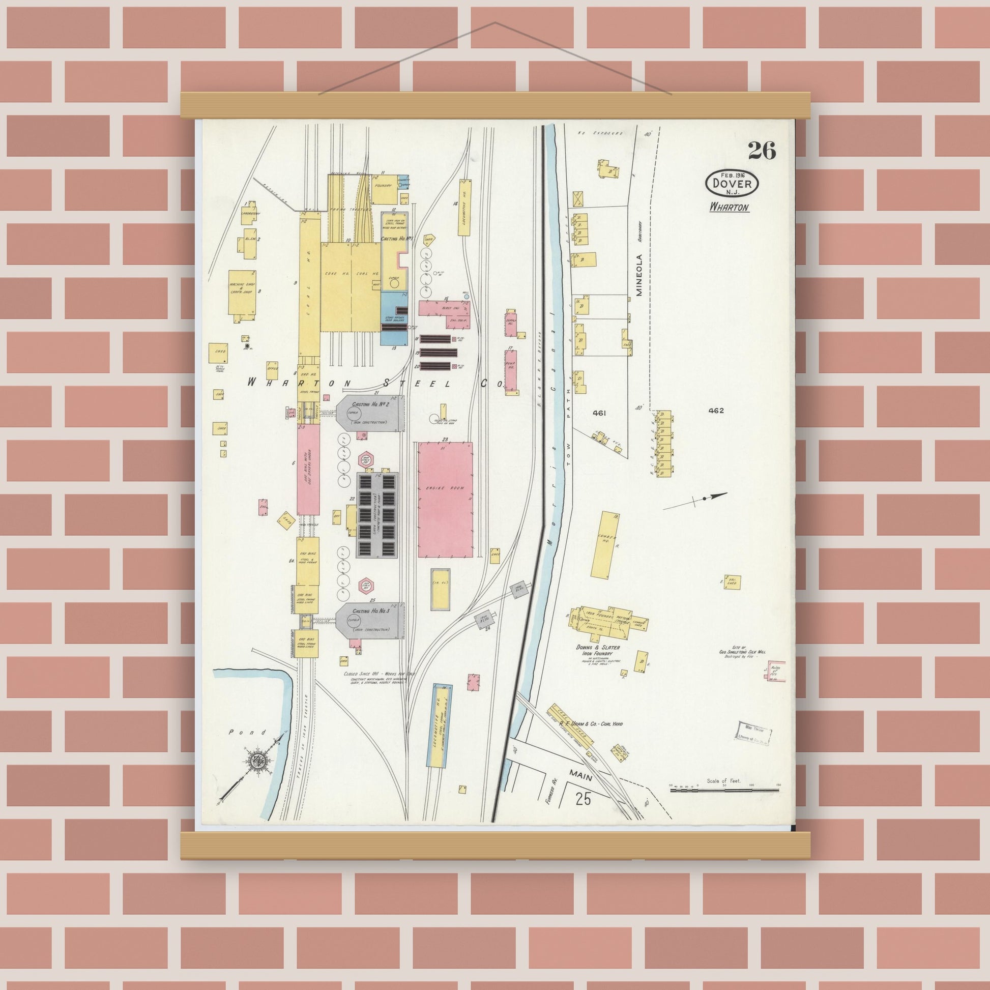 Old map wall art mockup — magnetic wood frame on brick wall — Sanborn Fire Insurance Map from Dover, Morris County, New Jersey (1916), Sheet #0026