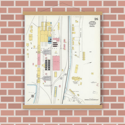 Old map wall art mockup — magnetic wood frame on brick wall — Sanborn Fire Insurance Map from Dover, Morris County, New Jersey (1916), Sheet #0026