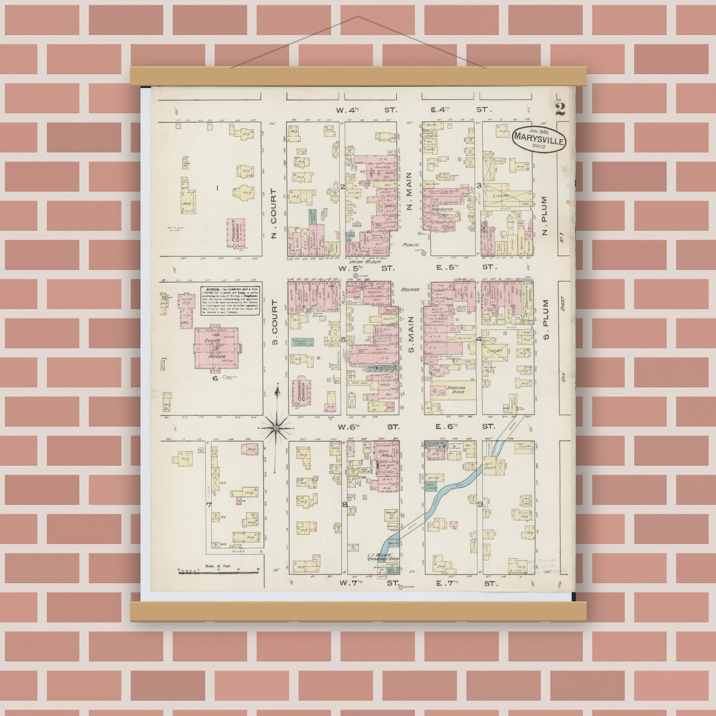 Old map wall art mockup — magnetic wood frame on brick wall — Sanborn Fire Insurance Map from Marysville, Union County, Ohio (1885), Sheet #0002