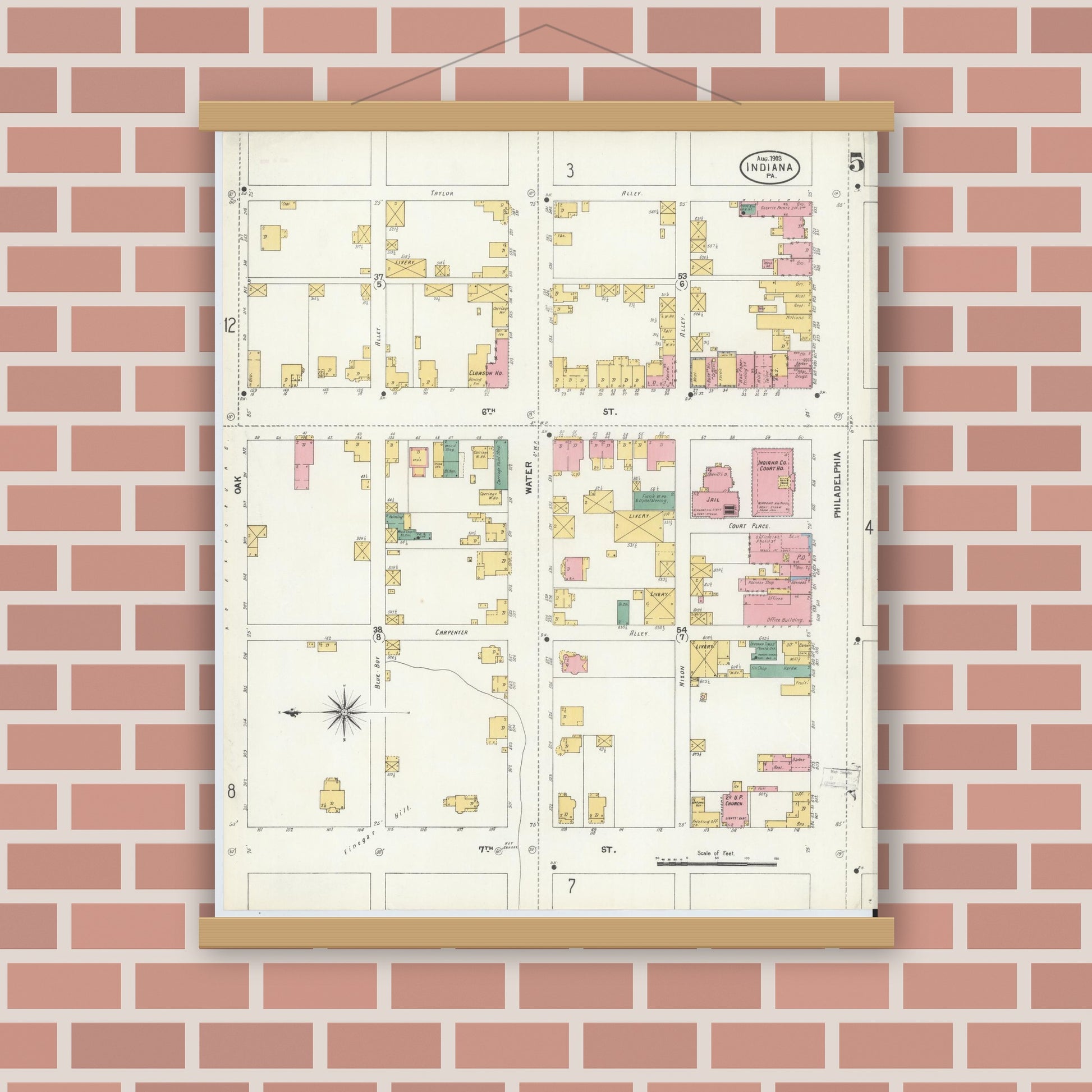 Old map wall art mockup — magnetic wood frame on brick wall — Sanborn Fire Insurance Map from Indiana, Indiana County, Pennsylvania (1903), Sheet #0005