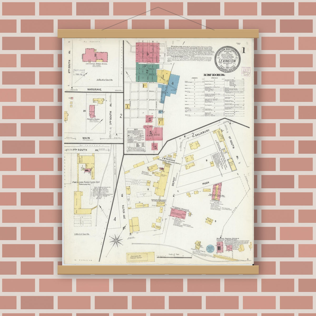 Old map wall art mockup — magnetic wood frame on brick wall — Sanborn Fire Insurance Map from Lexington, Davidson County, North Carolina (1907), Sheet #0001