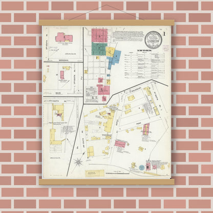 Old map wall art mockup — magnetic wood frame on brick wall — Sanborn Fire Insurance Map from Lexington, Davidson County, North Carolina (1907), Sheet #0001