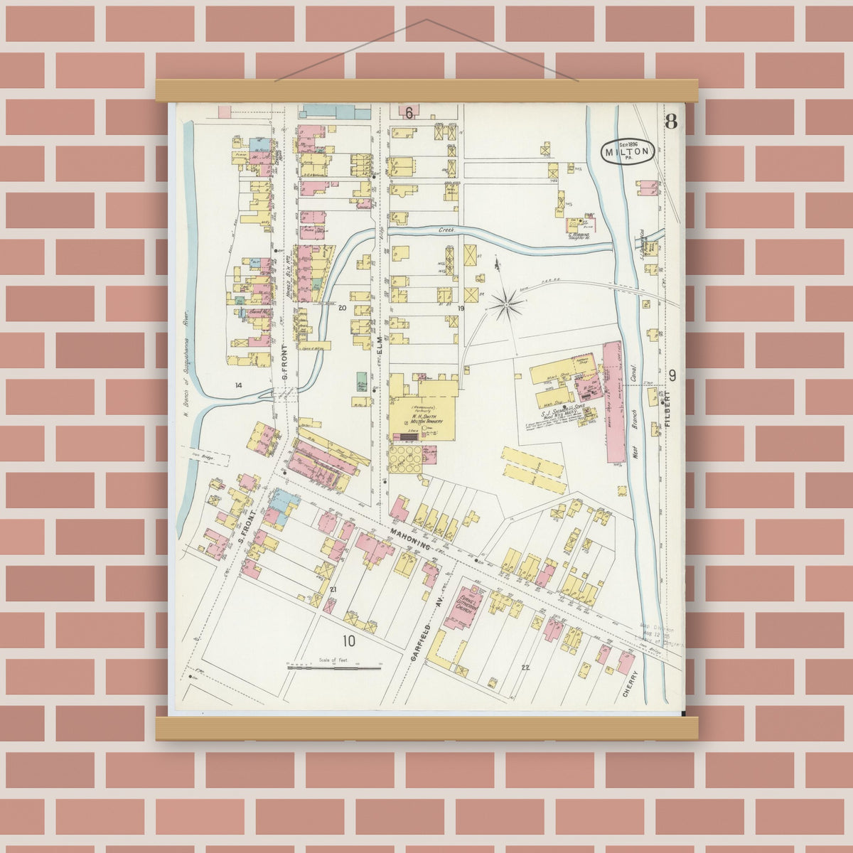 Old map wall art mockup — magnetic wood frame on brick wall — Sanborn Fire Insurance Map from Milton, Northumberland County, Pennsylvania (1896), Sheet #0008