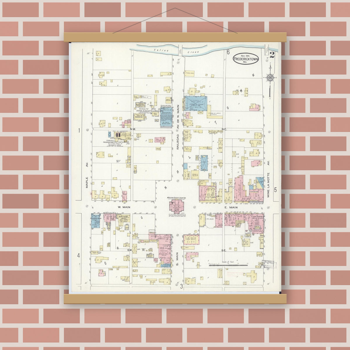 Old map wall art mockup — magnetic wood frame on brick wall — Sanborn Fire Insurance Map from Fredericktown, Madison County, Missouri (1914), Sheet #0002