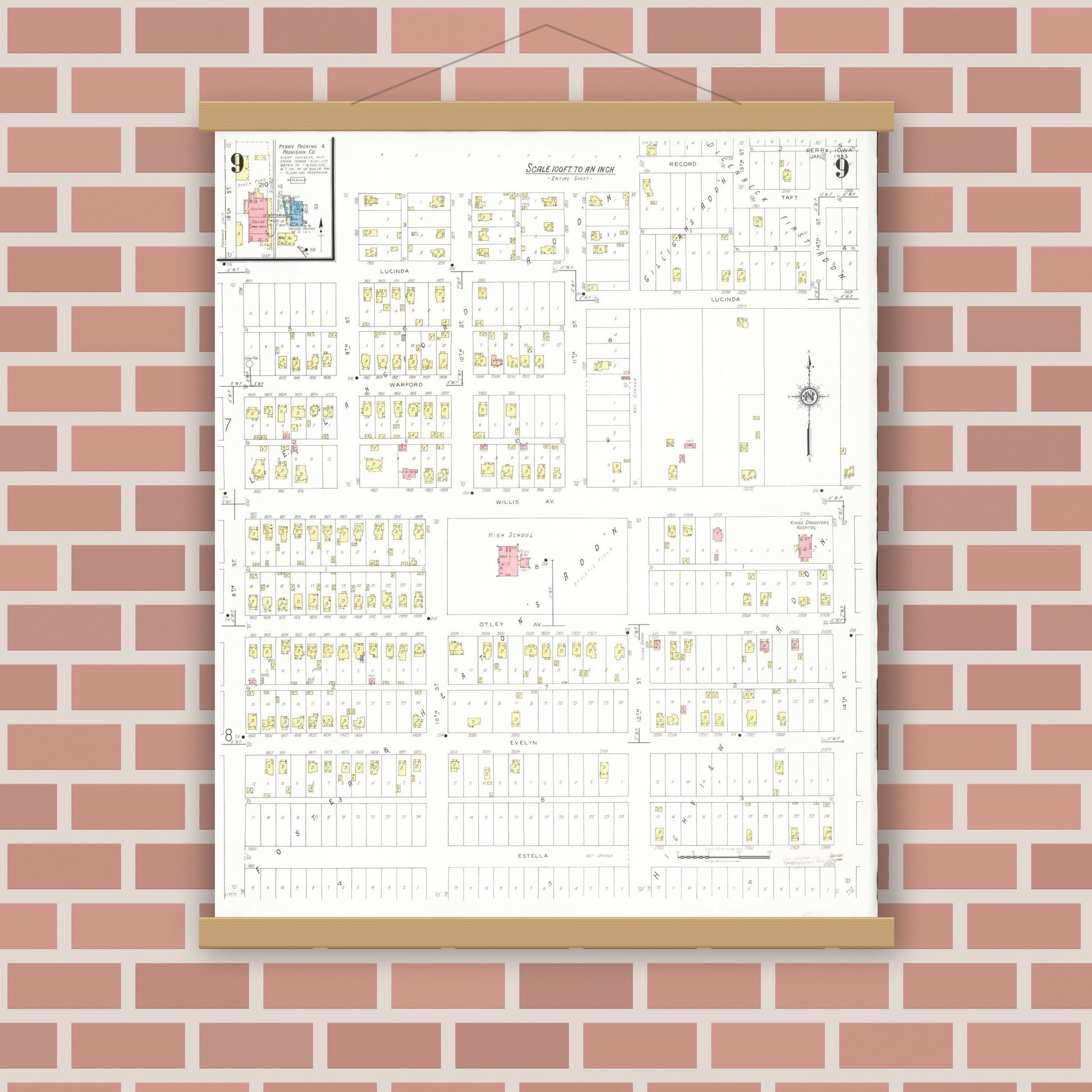 Old map wall art mockup — magnetic wood frame on brick wall — Sanborn Fire Insurance Map from Perry, Dallas County, Iowa (1933), Sheet #0009
