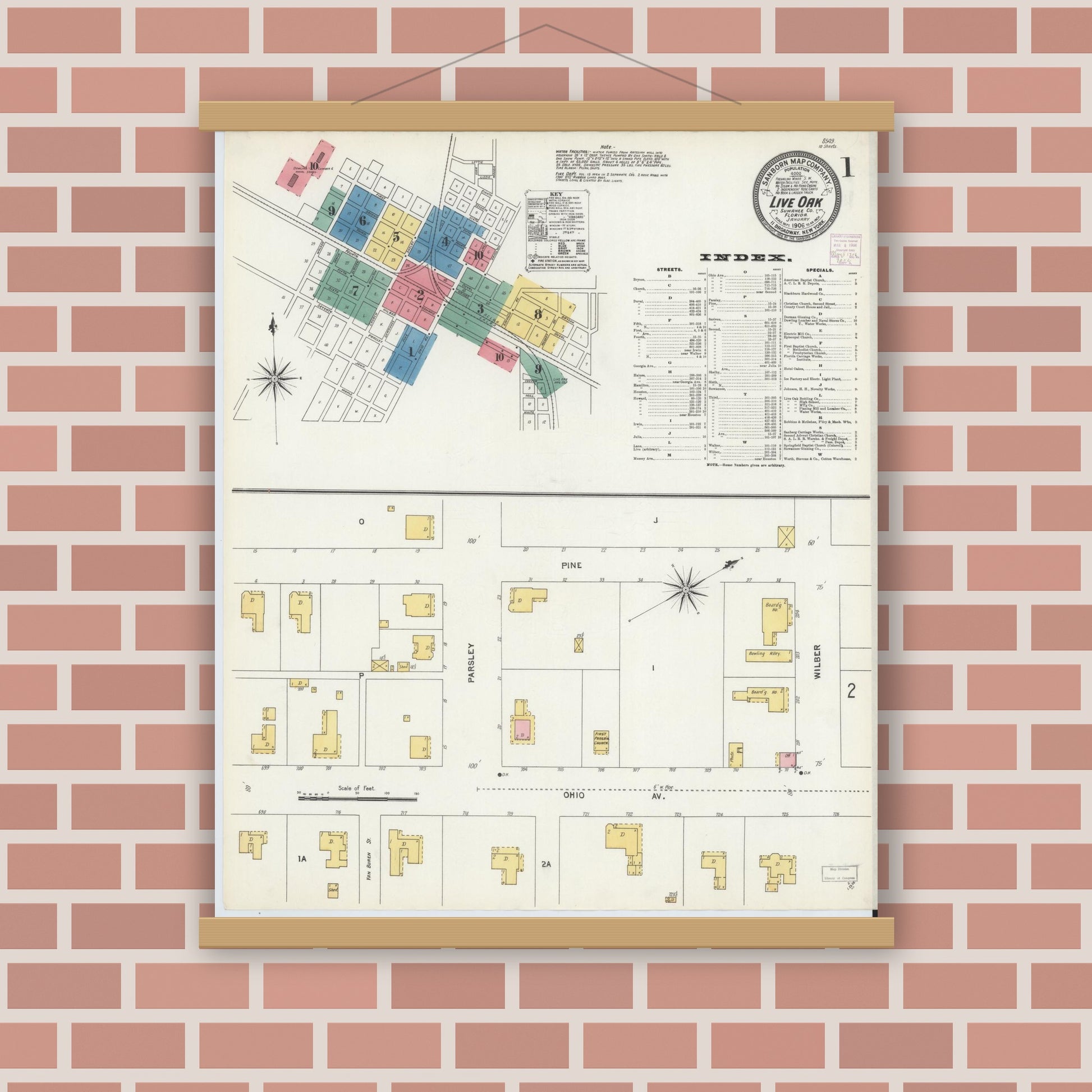 Old map wall art mockup — magnetic wood frame on brick wall — Sanborn Fire Insurance Map from Live Oak, Suwanee County, Florida (1906) - Complete Map Set