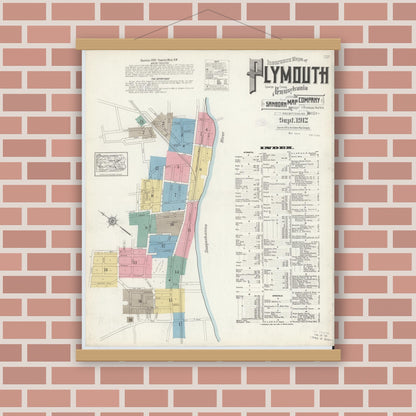 Old map wall art mockup — magnetic wood frame on brick wall — Sanborn Fire Insurance Map from Plymouth, Luzerne County, Pennsylvania (1912), Sheet #0001