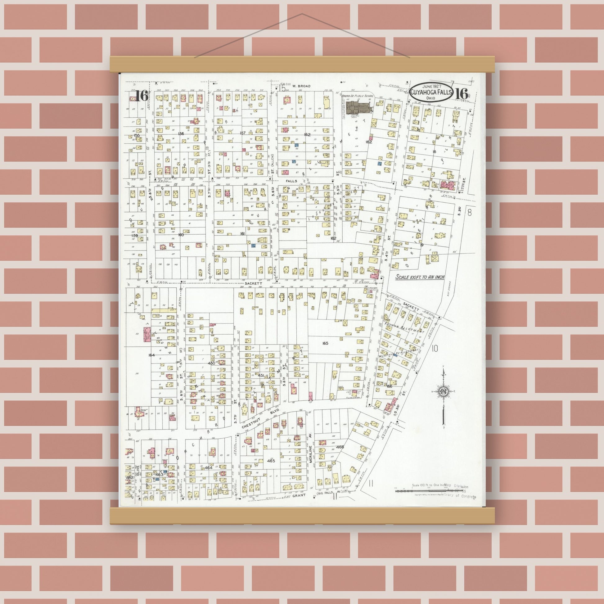 Old map wall art mockup — magnetic wood frame on brick wall — Sanborn Fire Insurance Map from Cuyahoga Falls, Summit County, Ohio (1927), Sheet #0016