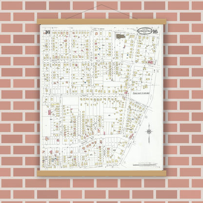 Old map wall art mockup — magnetic wood frame on brick wall — Sanborn Fire Insurance Map from Cuyahoga Falls, Summit County, Ohio (1927), Sheet #0016