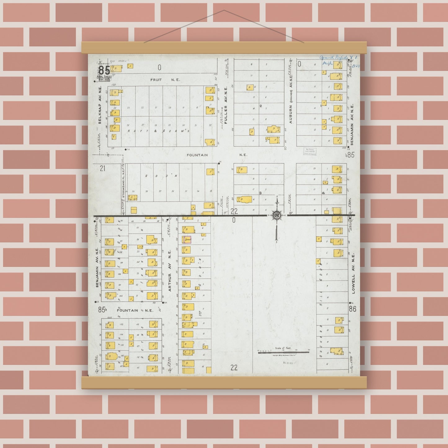 Old map wall art mockup — magnetic wood frame on brick wall — Sanborn Fire Insurance Map from Grand Rapids, Kent County, Michigan (1923) - Complete Map Set