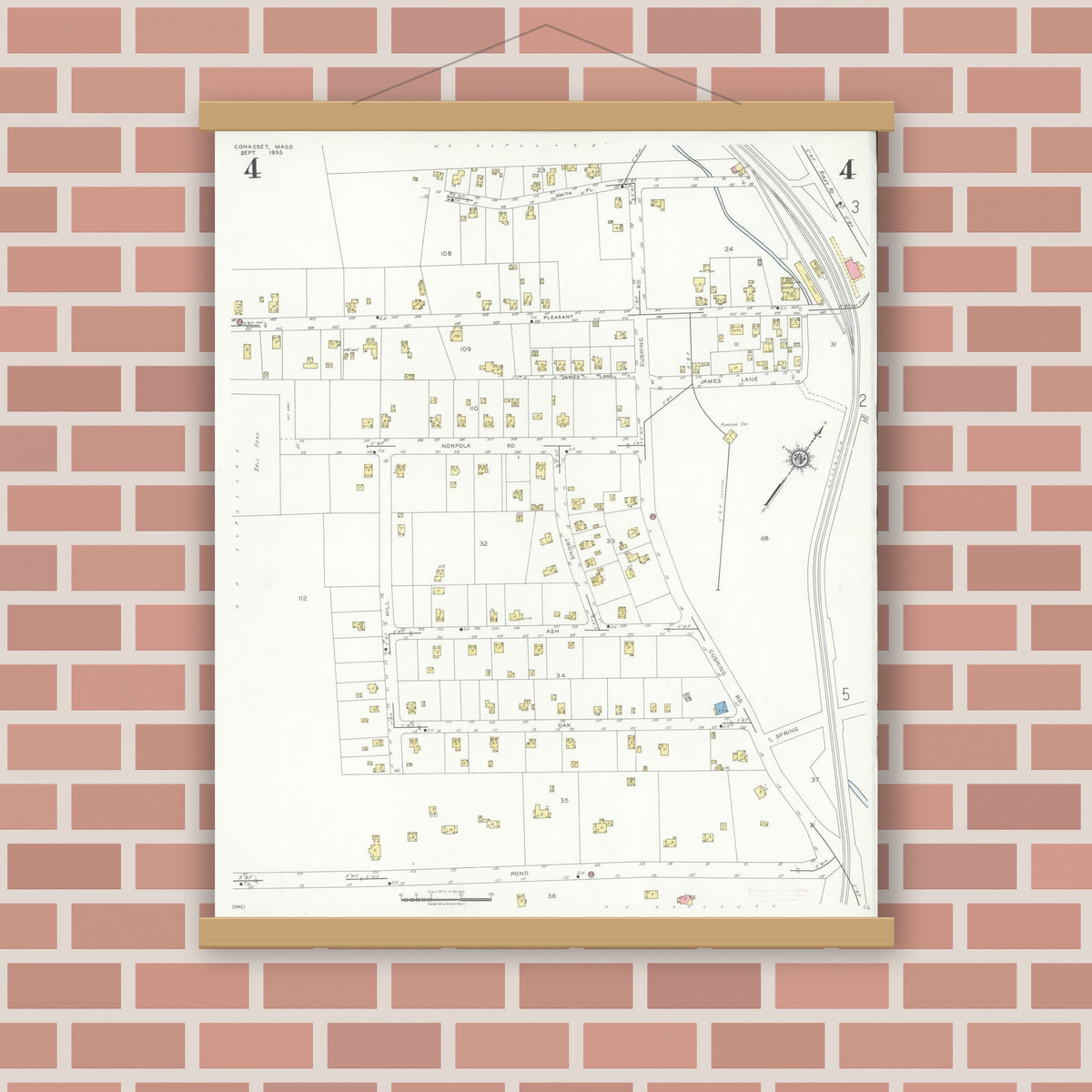 Old map wall art mockup — magnetic wood frame on brick wall — Sanborn Fire Insurance Map from Cohasset, Norfolk County, Massachusetts (1935), Sheet #0004
