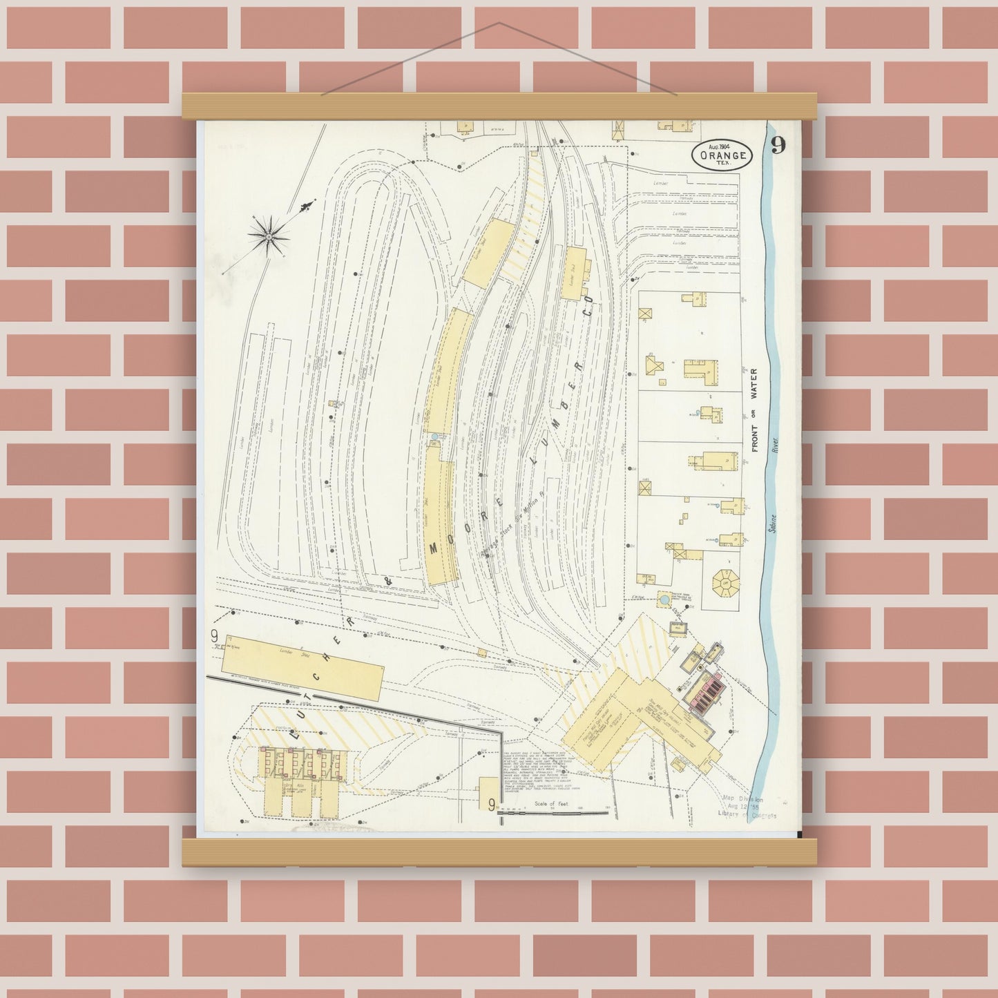 Old map wall art mockup — magnetic wood frame on brick wall — Sanborn Fire Insurance Map from Orange, Orange County, Texas (1904), Sheet #0009