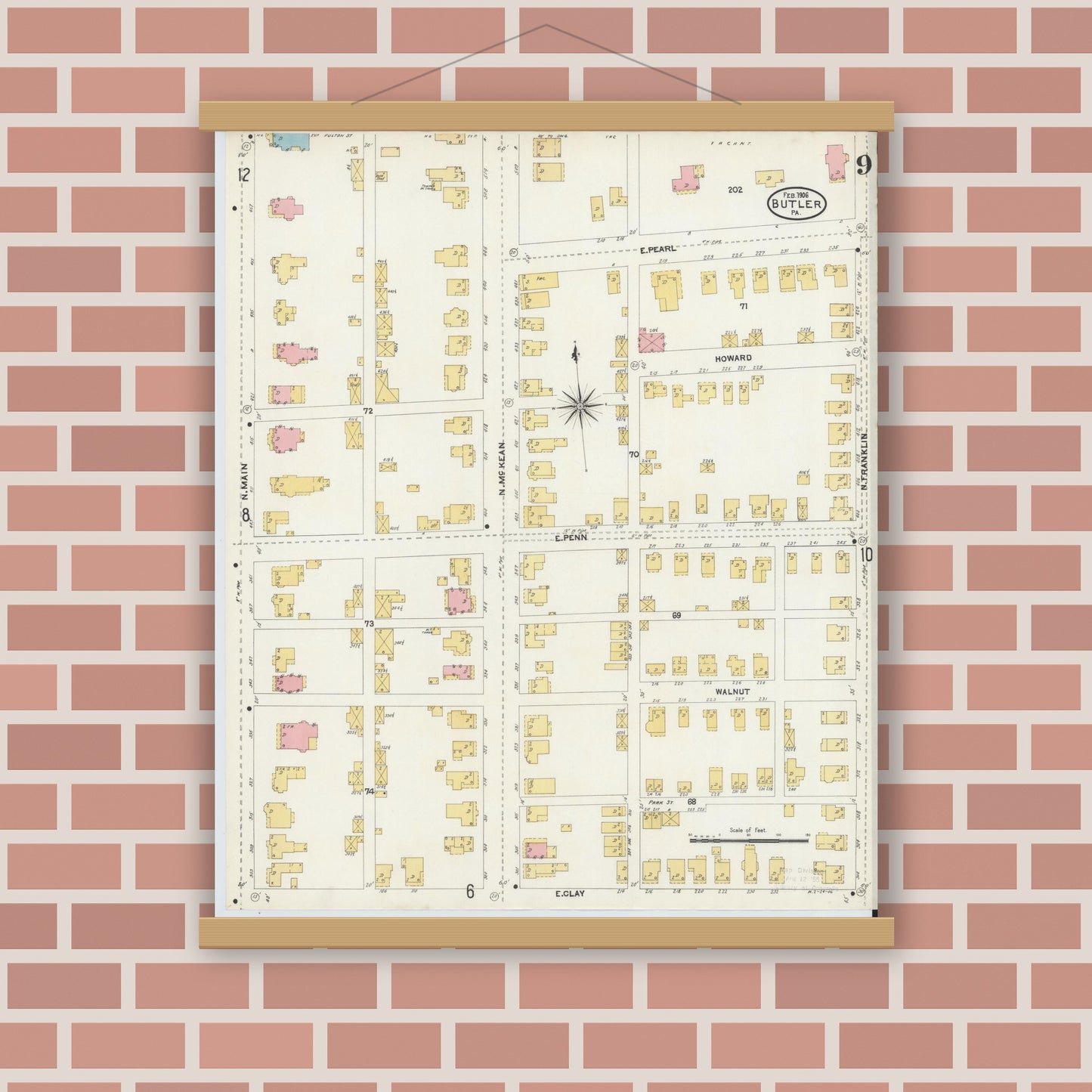 Old map wall art mockup — magnetic wood frame on brick wall — Sanborn Fire Insurance Map from Butler, Butler County, Pennsylvania (1906), Sheet #0009