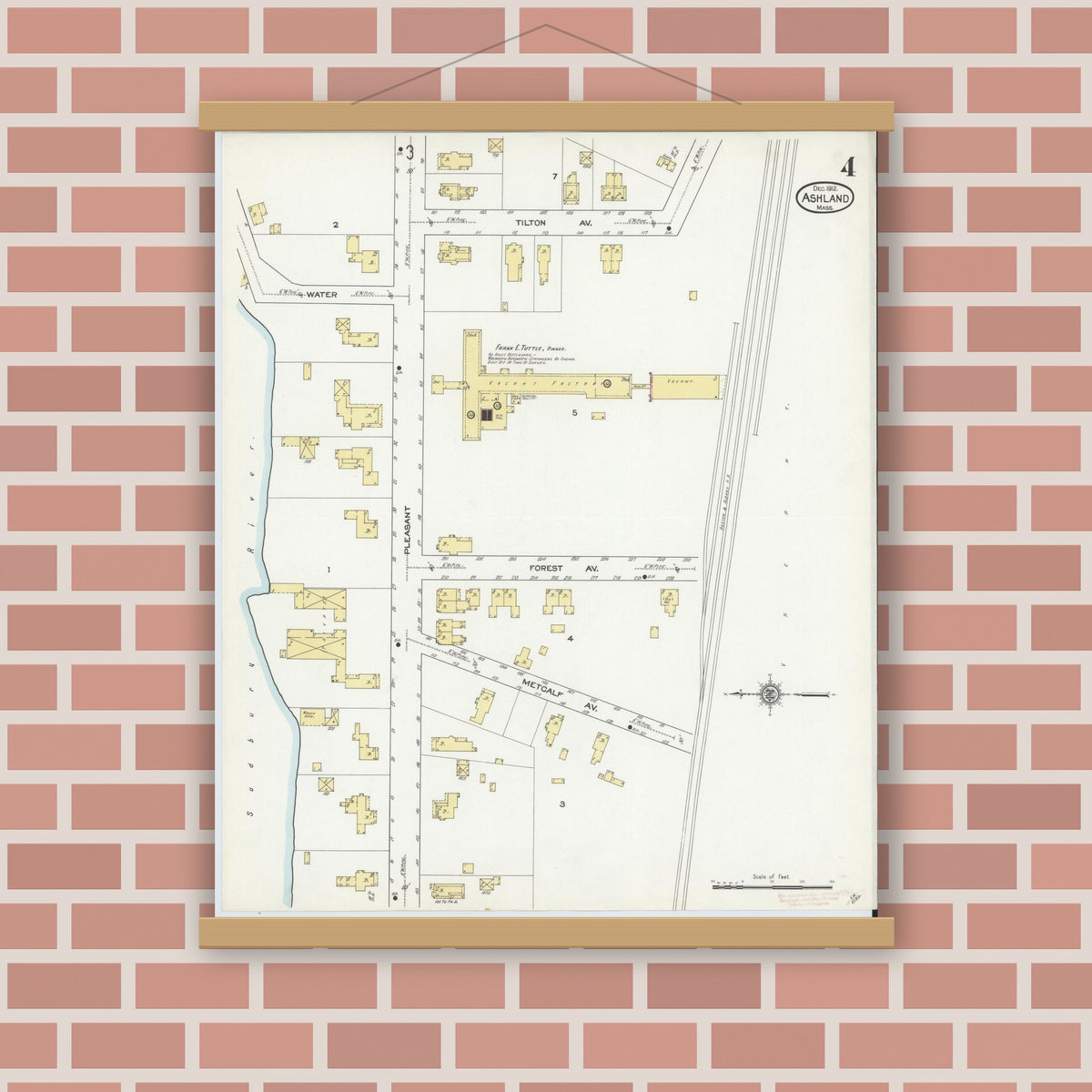 Old map wall art mockup — magnetic wood frame on brick wall — Sanborn Fire Insurance Map from Ashland, Middlesex County, Massachusetts (1912), Sheet #0004