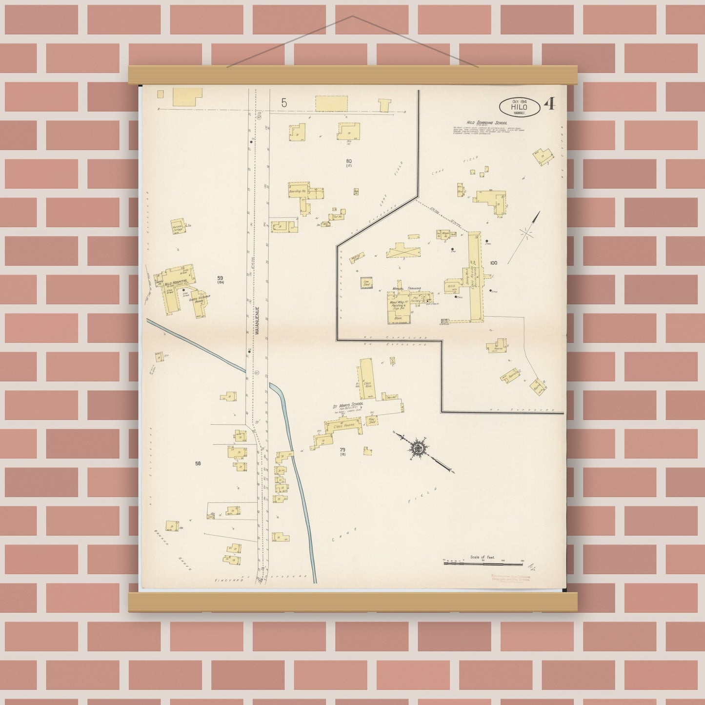 Old map wall art mockup — magnetic wood frame on brick wall — Sanborn Fire Insurance Map from Hilo, Hawaii County, Hawaii (1914), Sheet #0004