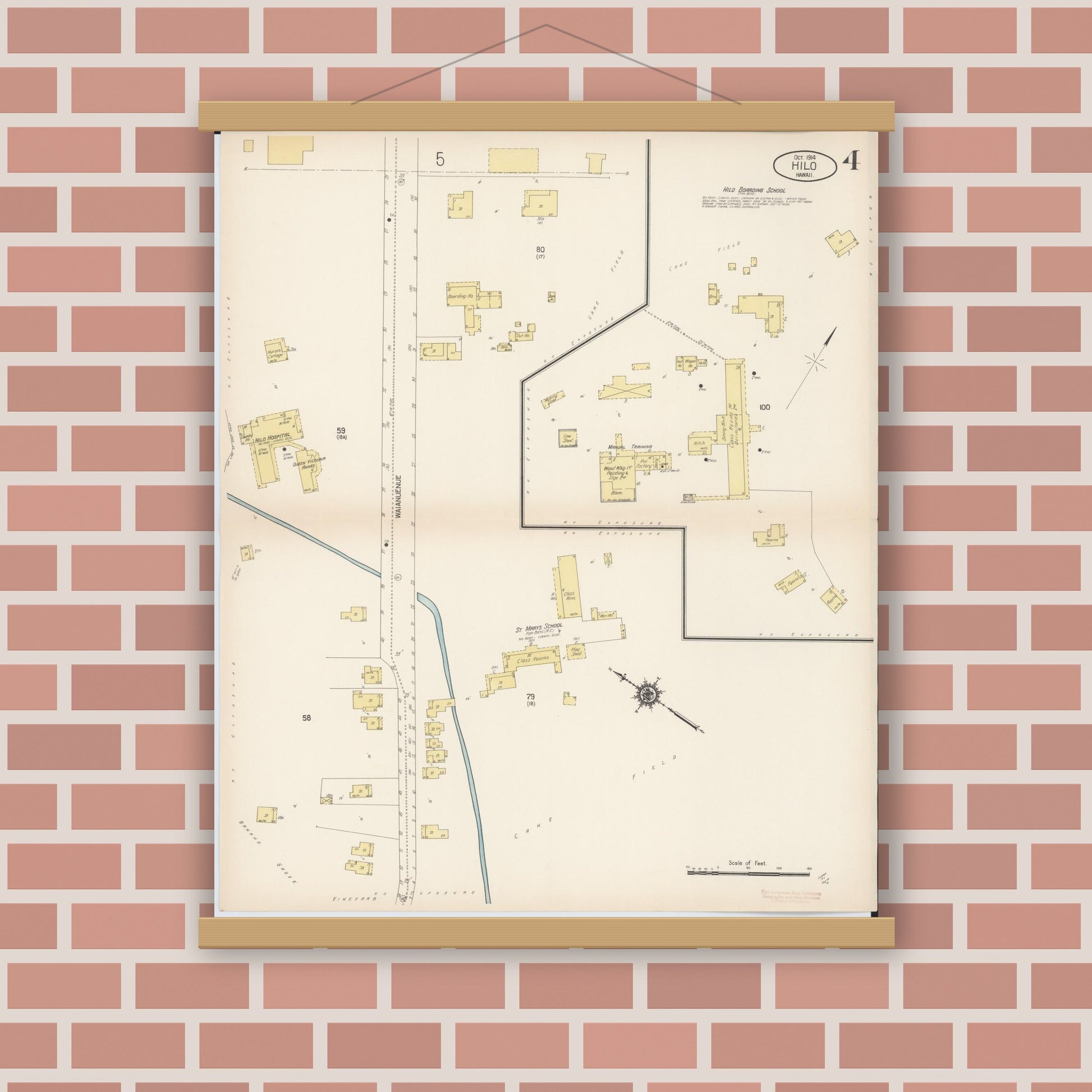 Old map wall art mockup — magnetic wood frame on brick wall — Sanborn Fire Insurance Map from Hilo, Hawaii County, Hawaii (1914), Sheet #0004