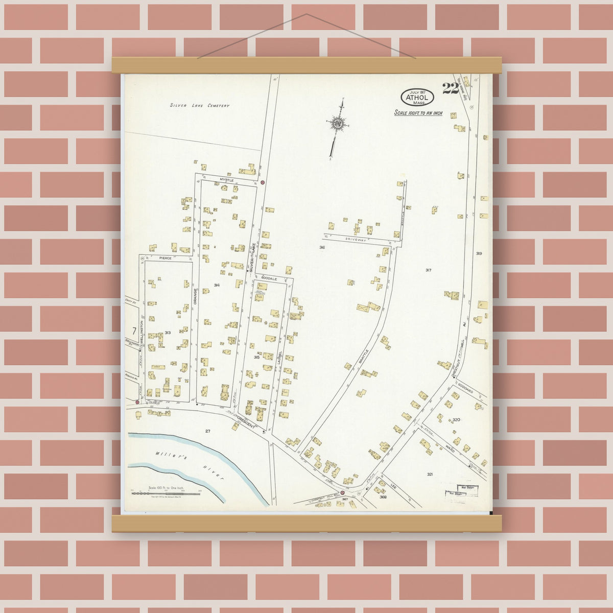 Old map wall art mockup — magnetic wood frame on brick wall — Sanborn Fire Insurance Map from Athol, Worcester County, Massachusetts (1917), Sheet #0022