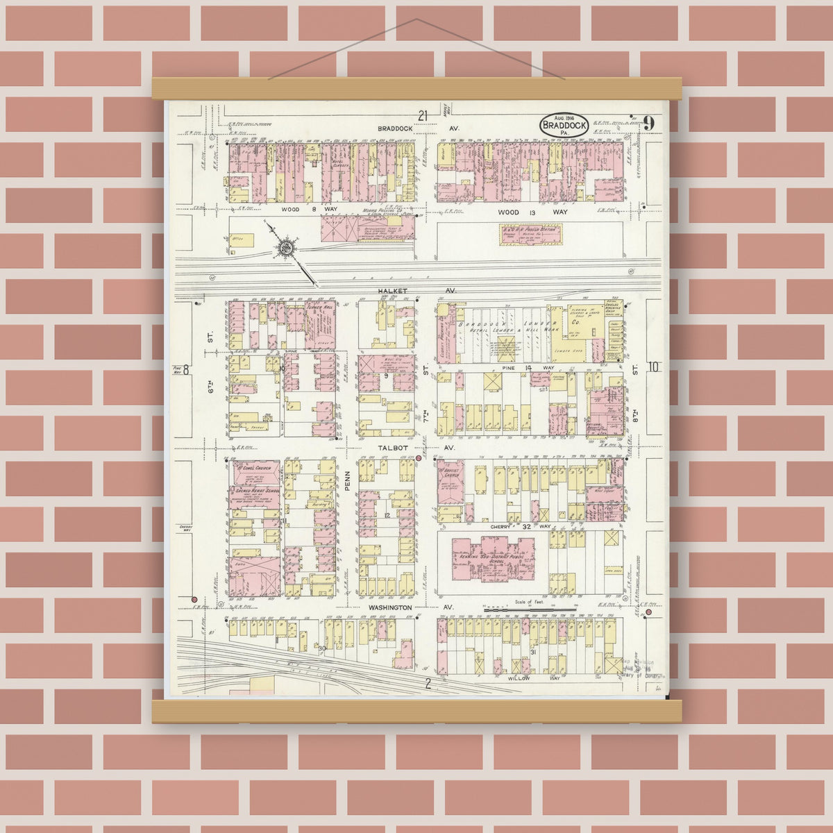 Old map wall art mockup — magnetic wood frame on brick wall — Sanborn Fire Insurance Map from Braddock, Allegheny County, Pennsylvania (1914), Sheet #0009
