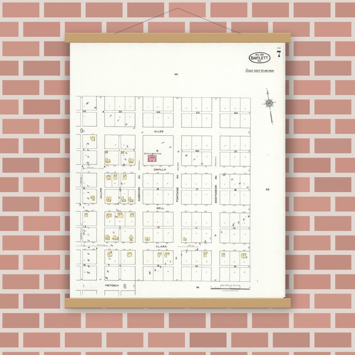 Old map wall art mockup — magnetic wood frame on brick wall — Sanborn Fire Insurance Map from Bartlett, Bell and Williamson Counties, Texas (1921), Sheet #0007