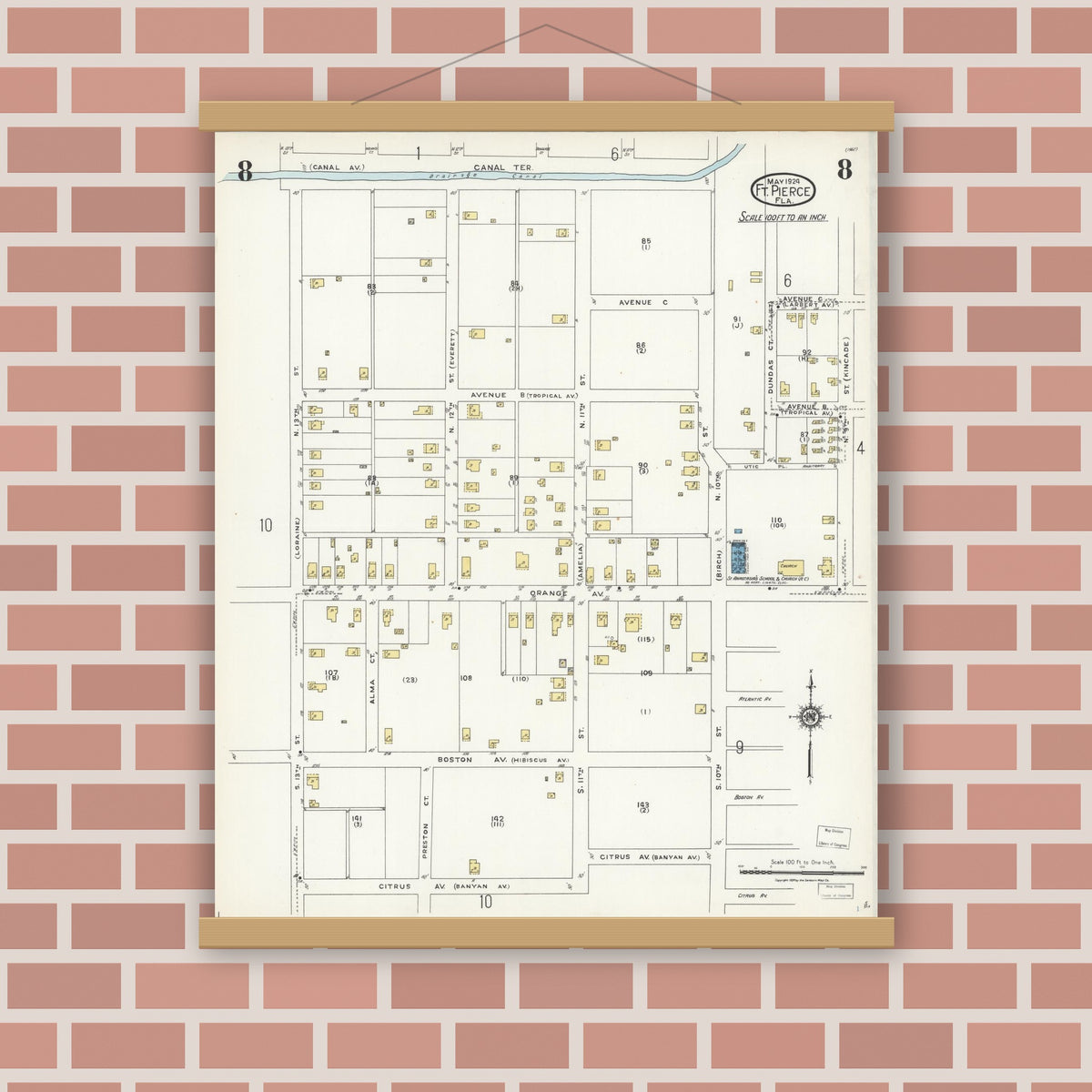 Old map wall art mockup — magnetic wood frame on brick wall — Sanborn Fire Insurance Map from Fort Pierce, St Lucie County, Florida (1924), Sheet #0008