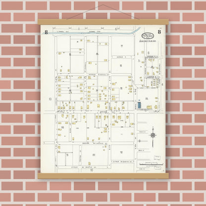 Old map wall art mockup — magnetic wood frame on brick wall — Sanborn Fire Insurance Map from Fort Pierce, St Lucie County, Florida (1924), Sheet #0008