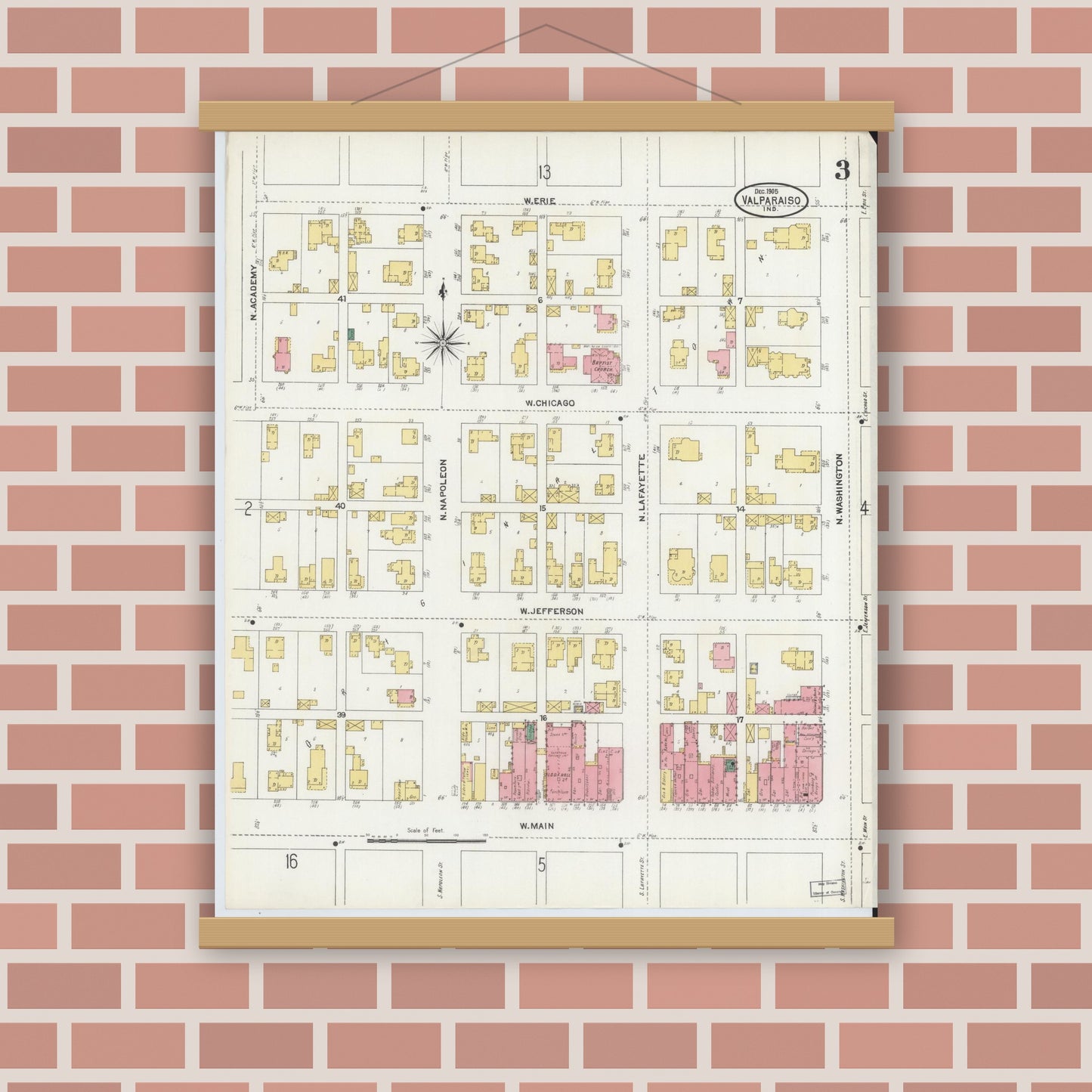 Old map wall art mockup — magnetic wood frame on brick wall — Sanborn Fire Insurance Map from Valparaiso, Porter County, Indiana (1905), Sheet #0003