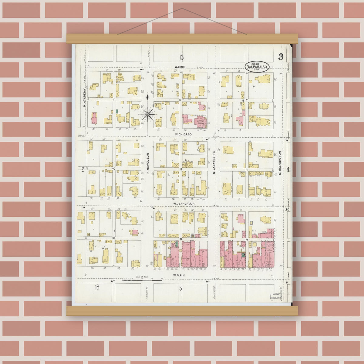 Old map wall art mockup — magnetic wood frame on brick wall — Sanborn Fire Insurance Map from Valparaiso, Porter County, Indiana (1905), Sheet #0003