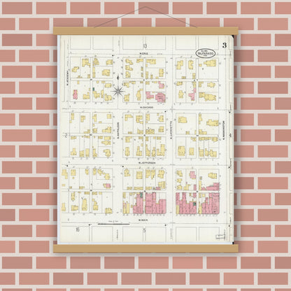 Old map wall art mockup — magnetic wood frame on brick wall — Sanborn Fire Insurance Map from Valparaiso, Porter County, Indiana (1905), Sheet #0003