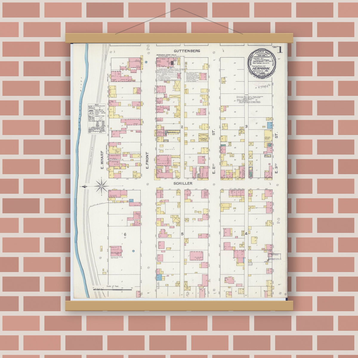Old map wall art mockup — magnetic wood frame on brick wall — Sanborn Fire Insurance Map from Hermann, Gasconade County, Missouri (1892), Sheet #0001