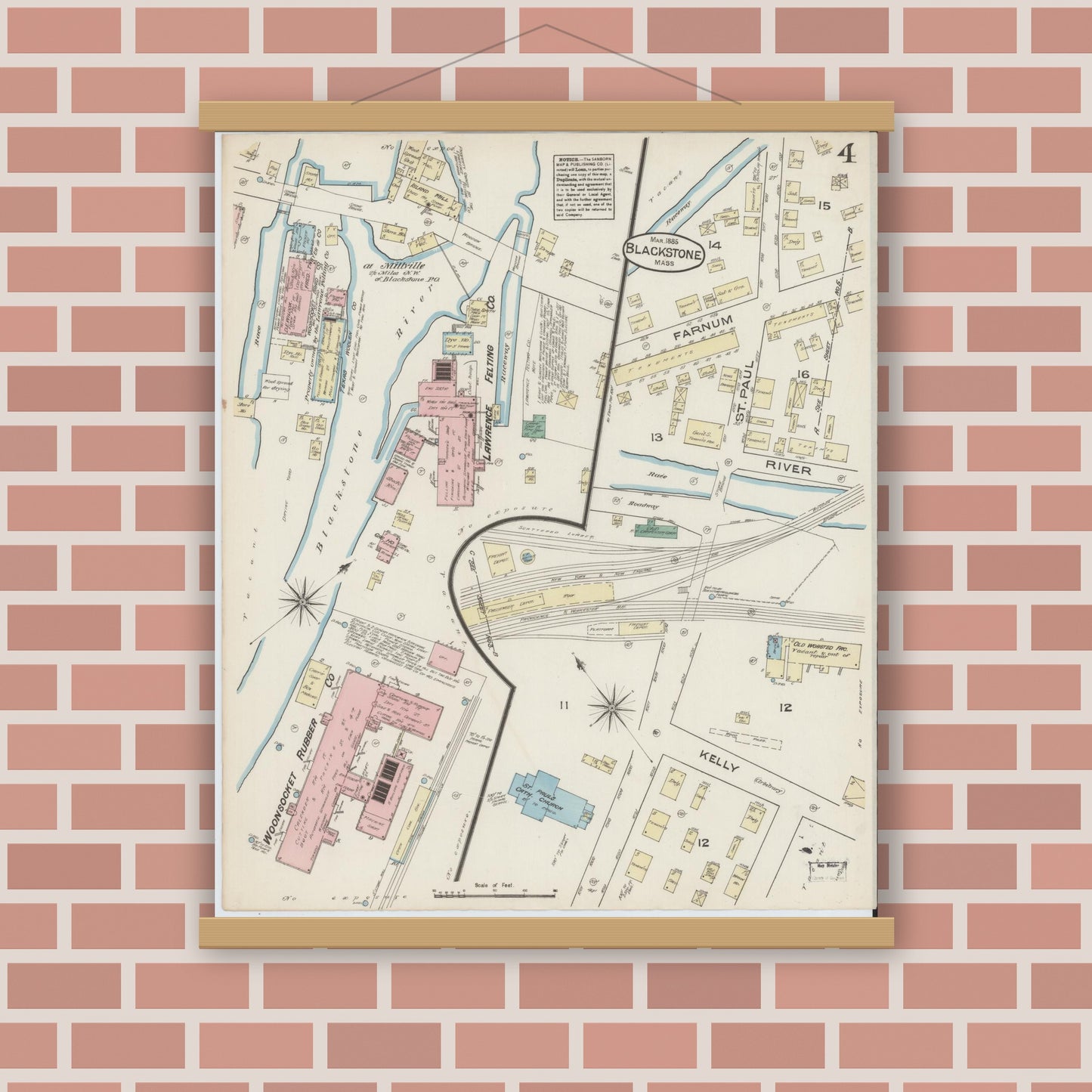 Old map wall art mockup — magnetic wood frame on brick wall — Sanborn Fire Insurance Map from Blackstone, Worcester County, Massachusetts (1885), Sheet #0004