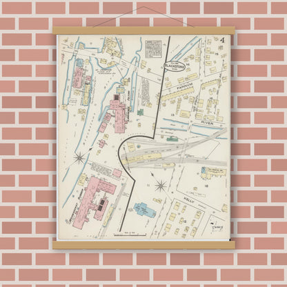 Old map wall art mockup — magnetic wood frame on brick wall — Sanborn Fire Insurance Map from Blackstone, Worcester County, Massachusetts (1885), Sheet #0004