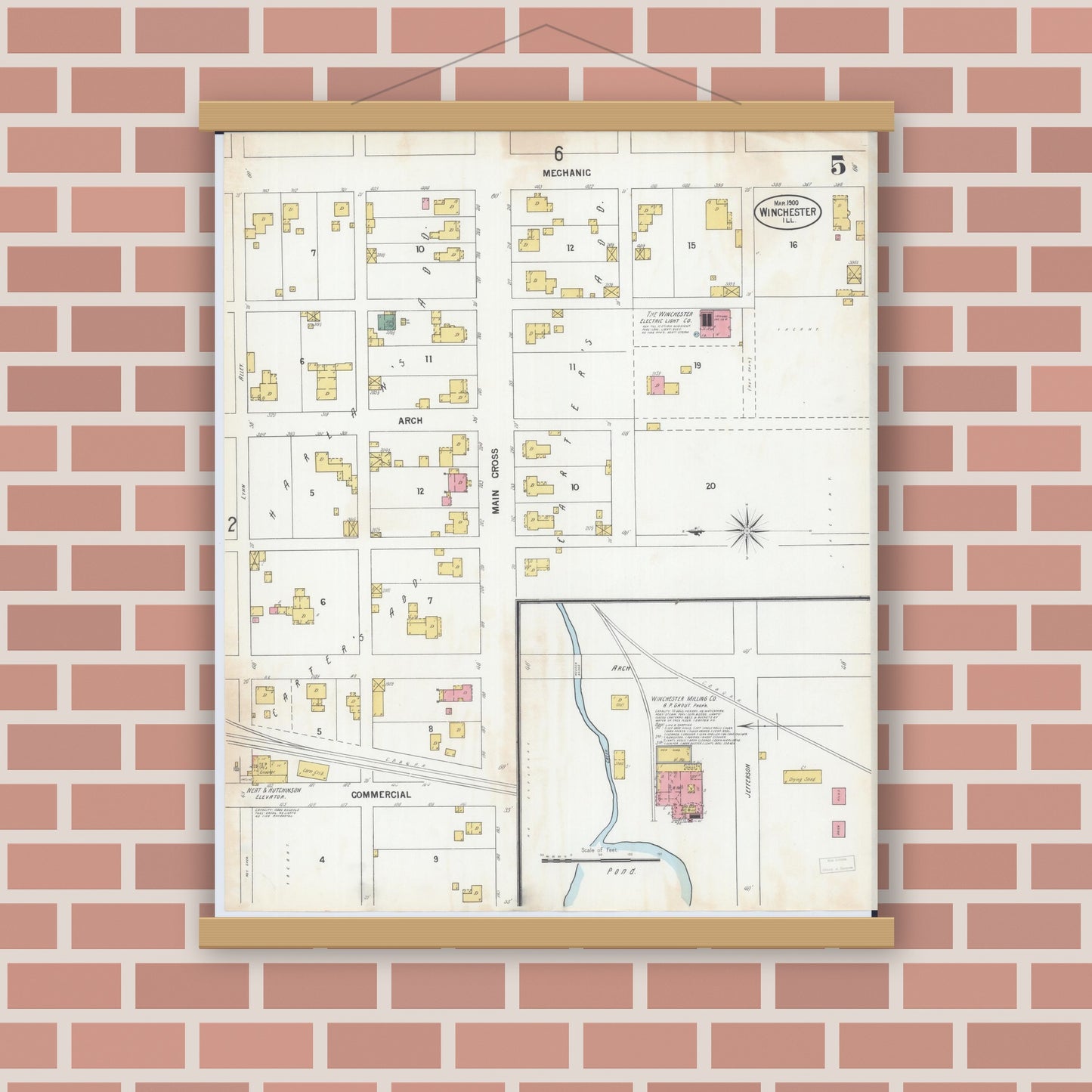 Old map wall art mockup — magnetic wood frame on brick wall — Sanborn Fire Insurance Map from Winchester, Scott County, Illinois (1900), Sheet #0005