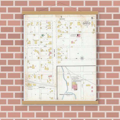 Old map wall art mockup — magnetic wood frame on brick wall — Sanborn Fire Insurance Map from Winchester, Scott County, Illinois (1900), Sheet #0005