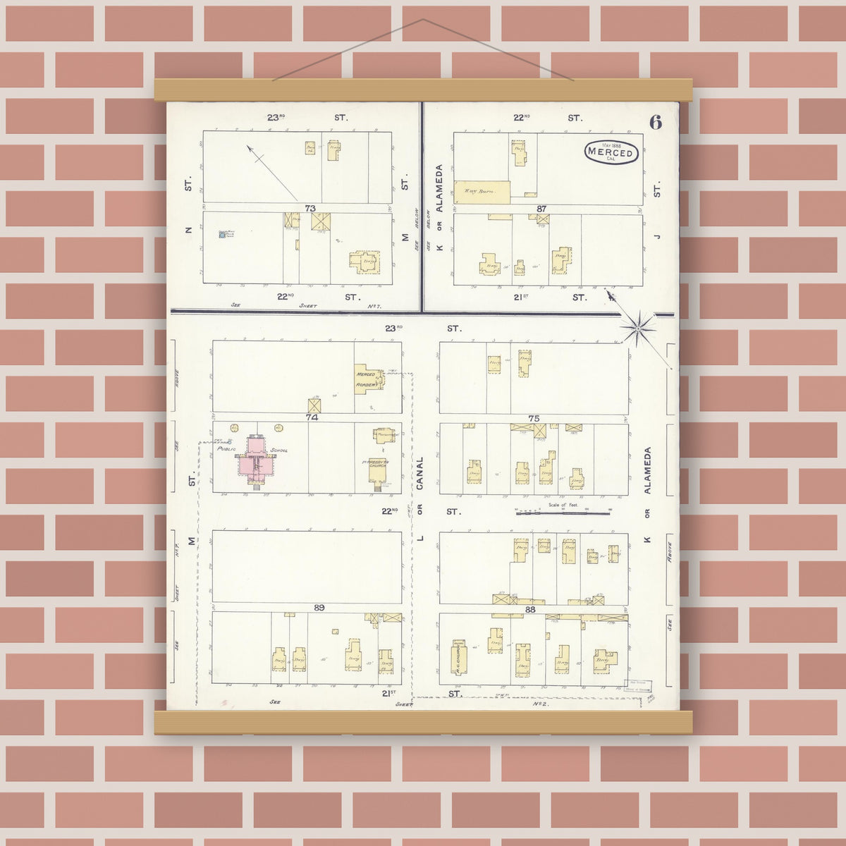 Old map wall art mockup — magnetic wood frame on brick wall — Sanborn Fire Insurance Map from Merced, Merced County, California (1888), Sheet #0006
