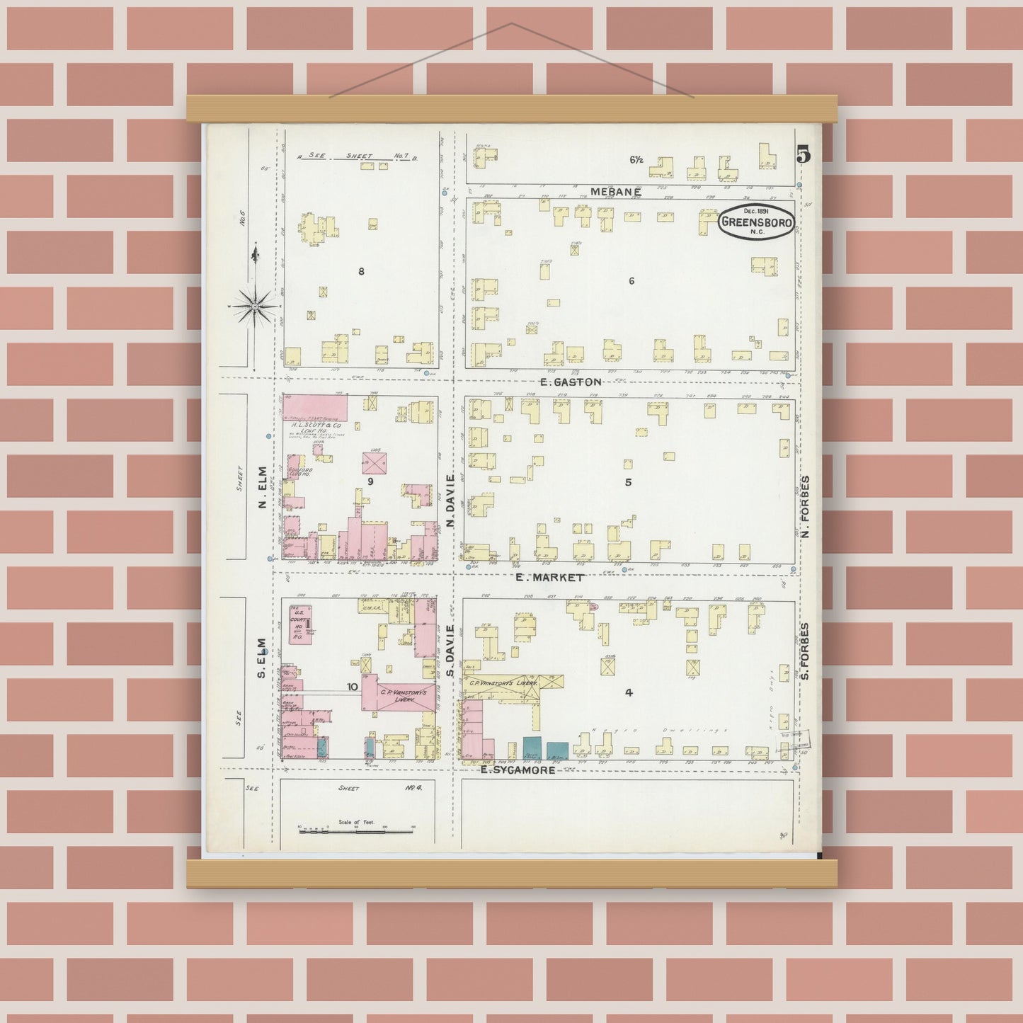 Old map wall art mockup — magnetic wood frame on brick wall — Sanborn Fire Insurance Map from Greensboro, Guilford County, North Carolina (1891), Sheet #0005