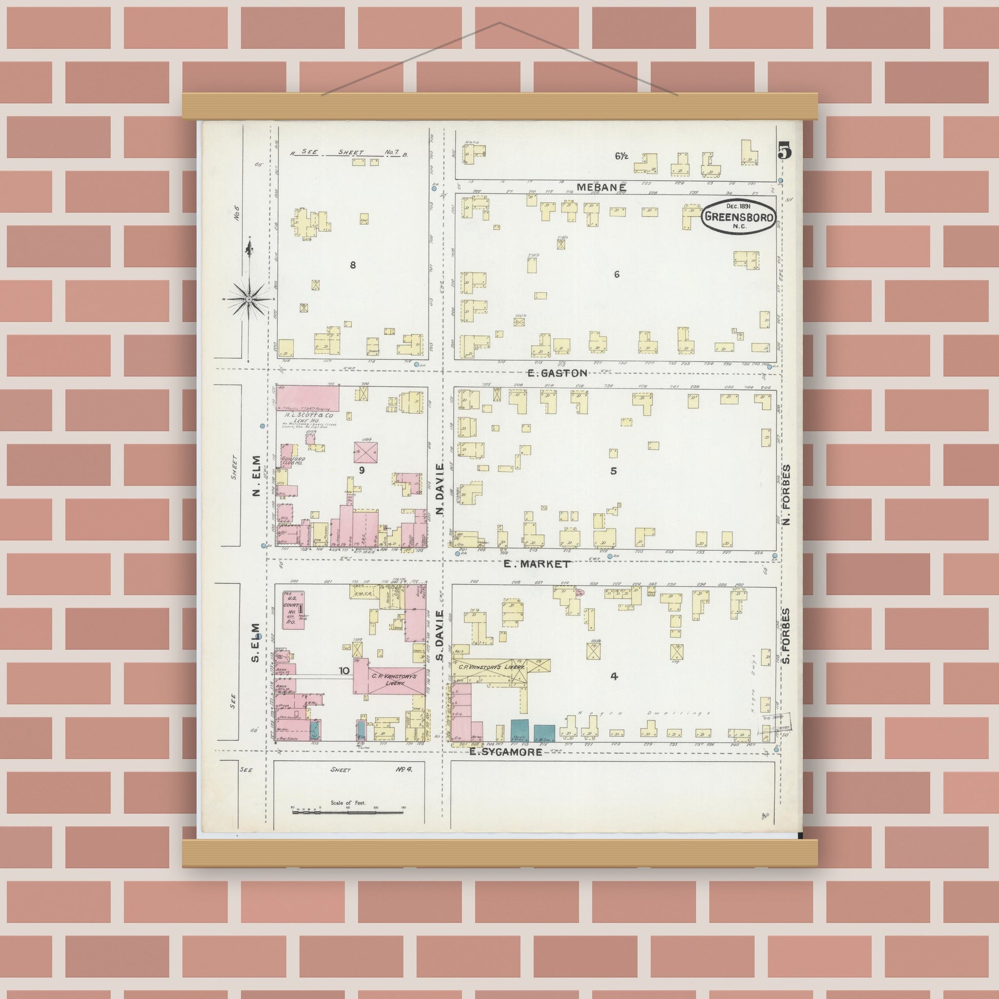 Old map wall art mockup — magnetic wood frame on brick wall — Sanborn Fire Insurance Map from Greensboro, Guilford County, North Carolina (1891), Sheet #0005