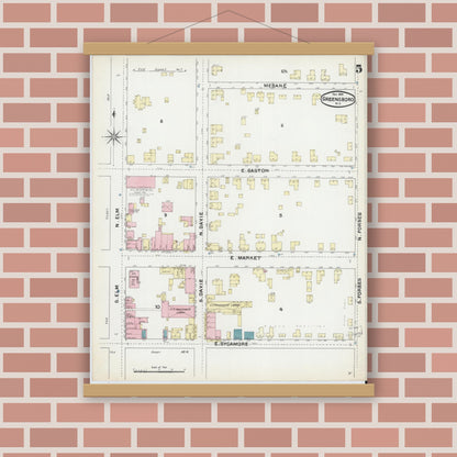 Old map wall art mockup — magnetic wood frame on brick wall — Sanborn Fire Insurance Map from Greensboro, Guilford County, North Carolina (1891), Sheet #0005