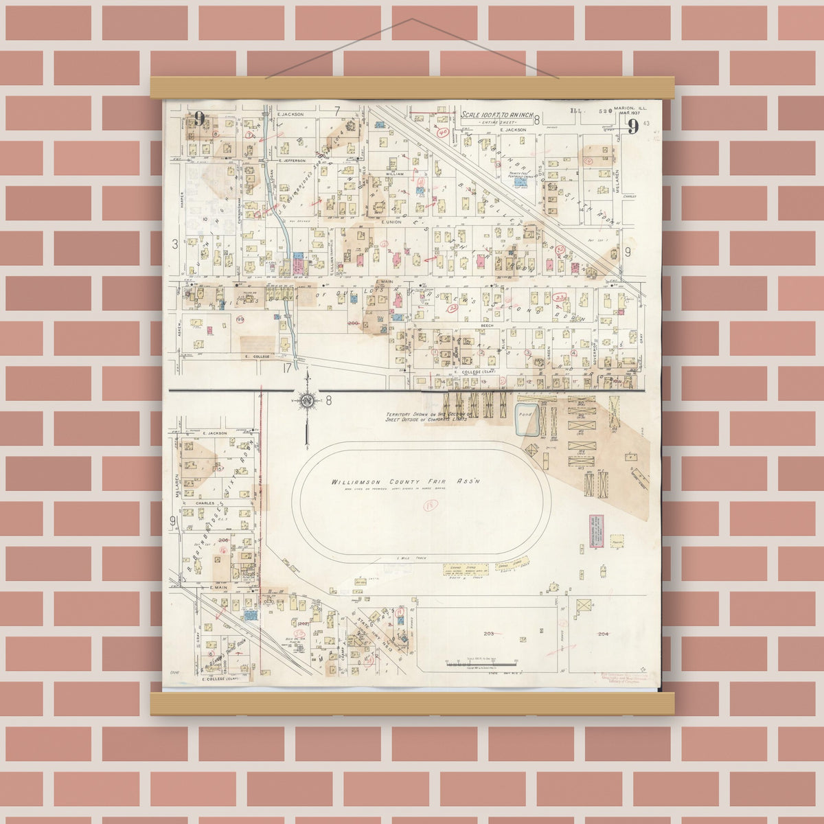 Old map wall art mockup — magnetic wood frame on brick wall — Sanborn Fire Insurance Map from Marion, Williamson County, Illinois (1946), Sheet #0009