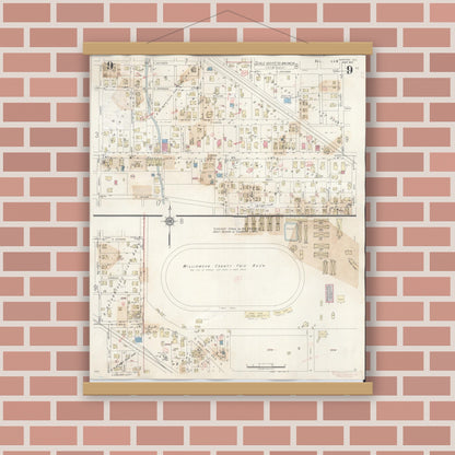 Old map wall art mockup — magnetic wood frame on brick wall — Sanborn Fire Insurance Map from Marion, Williamson County, Illinois (1946), Sheet #0009
