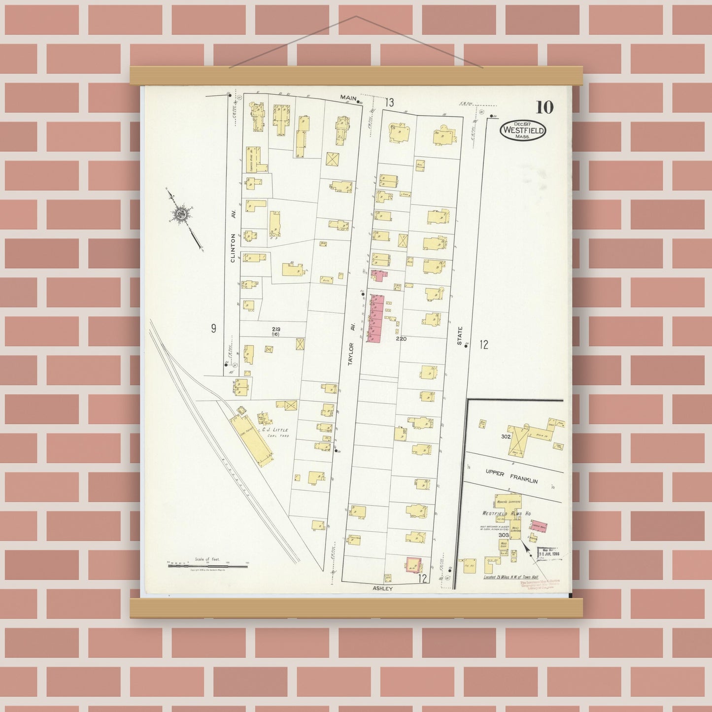 Old map wall art mockup — magnetic wood frame on brick wall — Sanborn Fire Insurance Map from Westfield, Hampden County, Massachusetts (1917), Sheet #0010