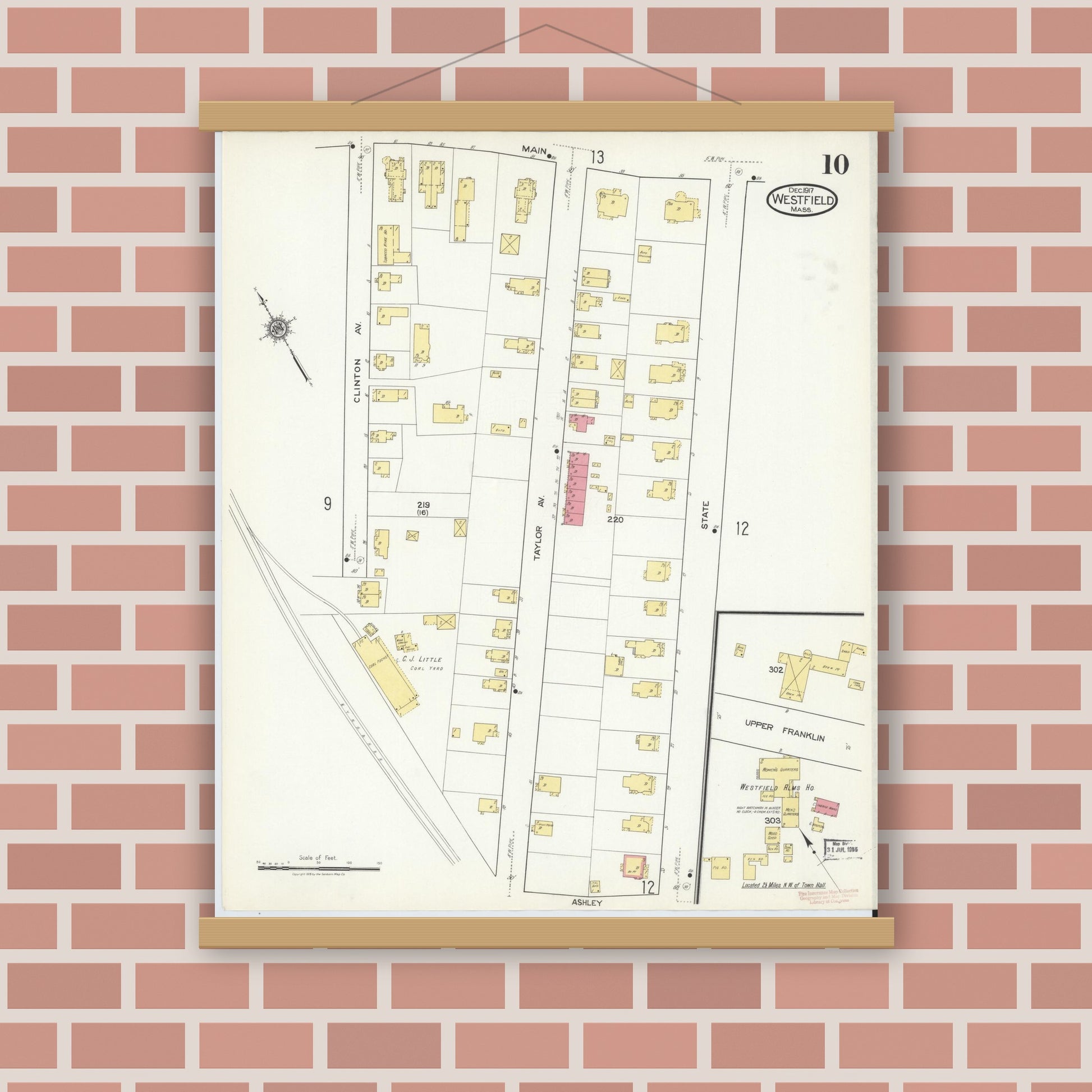 Old map wall art mockup — magnetic wood frame on brick wall — Sanborn Fire Insurance Map from Westfield, Hampden County, Massachusetts (1917), Sheet #0010