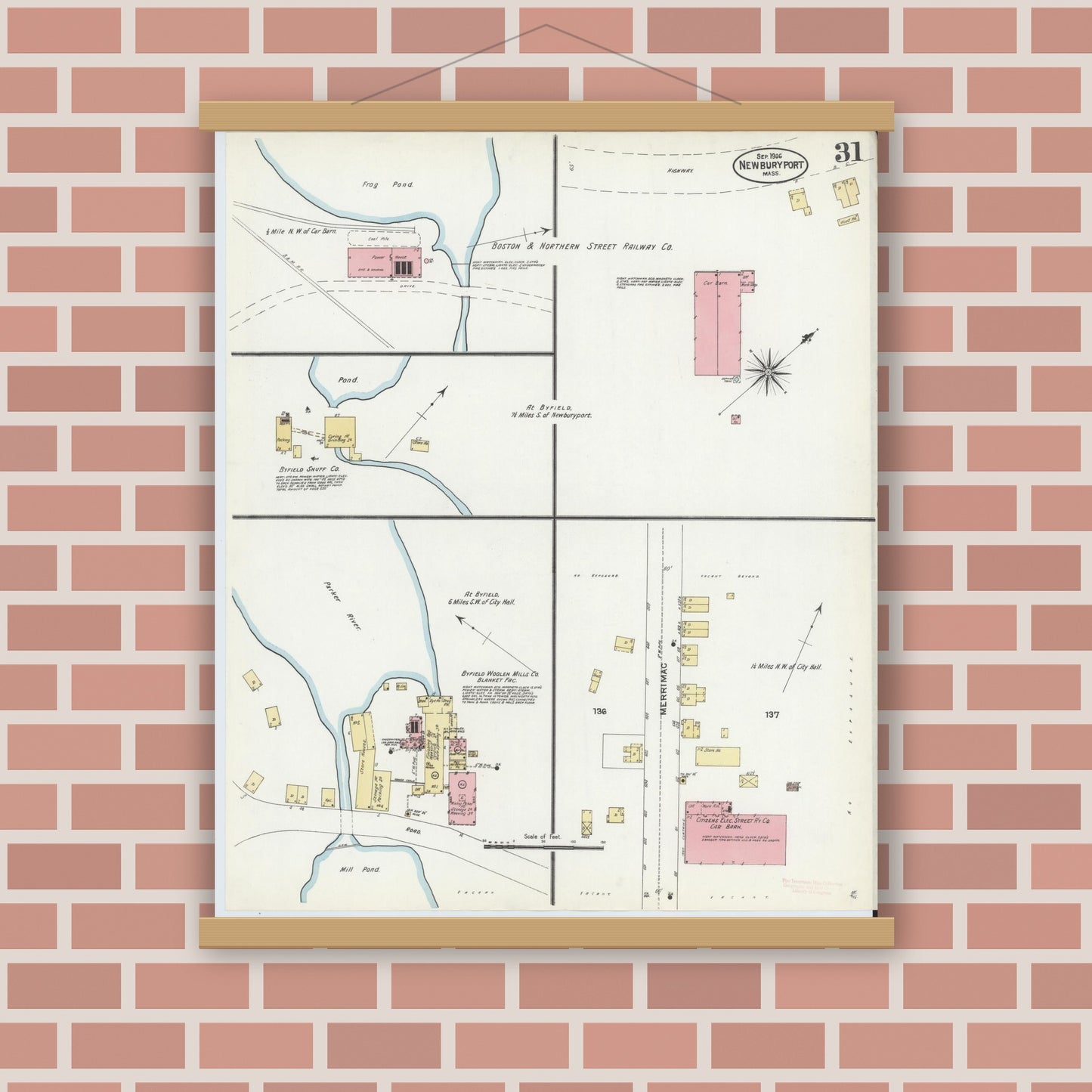 Old map wall art mockup — magnetic wood frame on brick wall — Sanborn Fire Insurance Map from Newburyport, Essex County, Massachusetts (1906), Sheet #0031