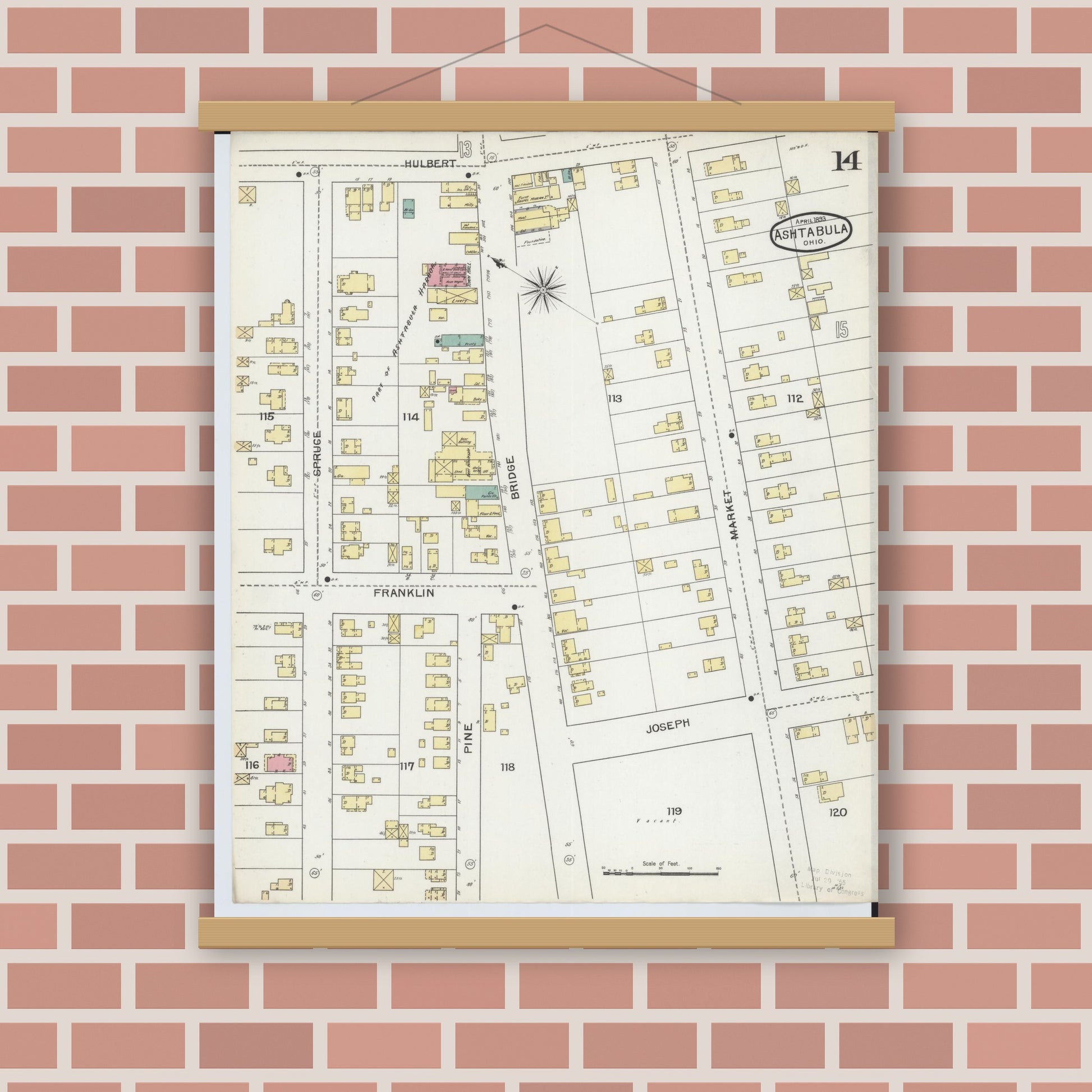 Old map wall art mockup — magnetic wood frame on brick wall — Sanborn Fire Insurance Map from Ashtabula, Ashtabula County, Ohio (1893), Sheet #0014